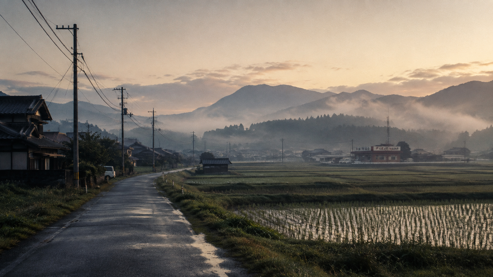 A rural road passing rice fields and traditional houses in misty mountainous Japan